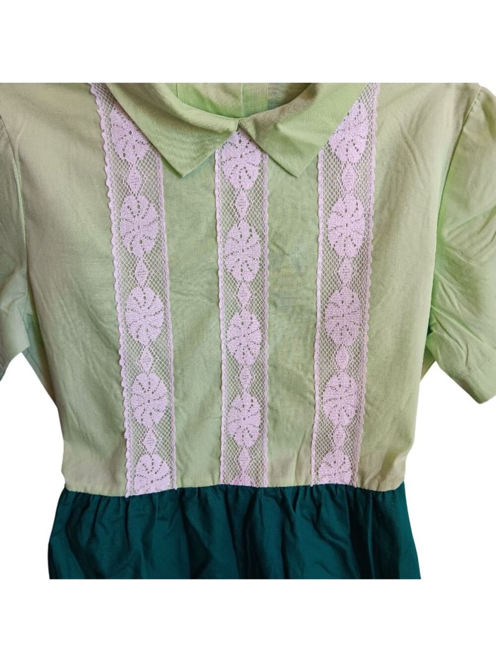 10/12 True Vintage Girls Dress Green/Teal Lace Trim 60's Short Sleeves Handmade
